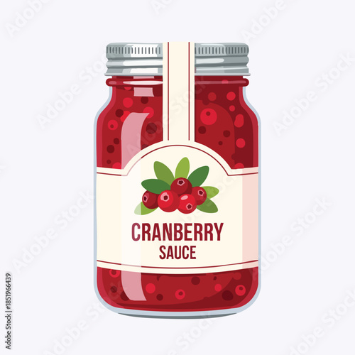 Illustration of a jar of cranberry sauce with a label featuring cranberries and green leaves on a white background.
