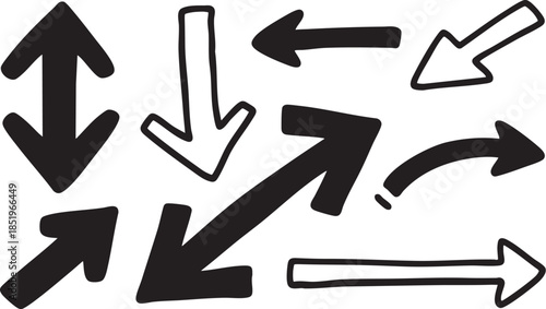 A collection of hand-drawn arrows in various directions and styles, including solid black and outlined white arrows, pointing up, down, left, right, and diagonally.