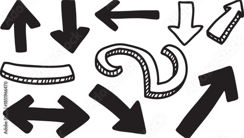 A collection of various hand-drawn doodle arrows and directional symbols in black and white.