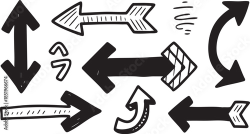 Hand-drawn black and white arrows pointing in various directions, showcasing different doodle styles and movements.