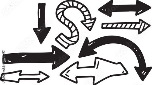 A collection of hand-drawn doodle arrows in various styles and directions, black and white.