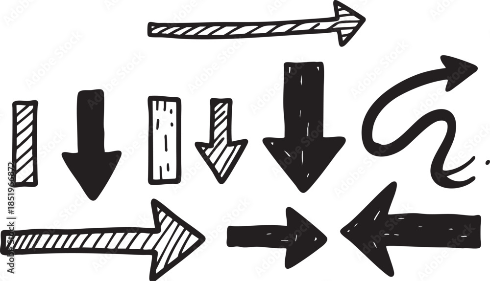 Obraz premium A diverse collection of hand-drawn doodle arrows in various styles and directions, including up, down, left, right, and curved.
