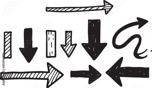 A diverse collection of hand-drawn doodle arrows in various styles and directions, including up, down, left, right, and curved.