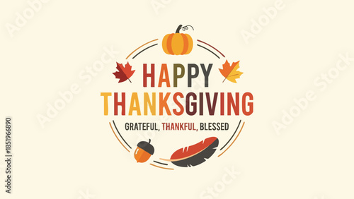 Flat design of a Happy Thanksgiving logo with colorful leaves and a turkey on a beige background.