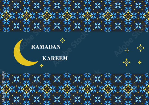 Seamless Ramadan night pattern with stars and crescent on dark blue background.