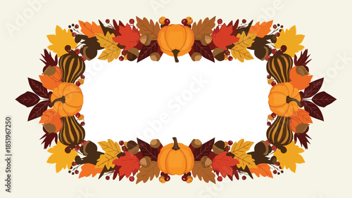 Autumn-themed frame with pumpkins, leaves, and gourds on a beige background, featuring a white rectangular space for text or image insertion.