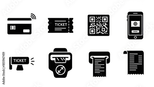 Obraz na płótnie Collection of icons representing various payment and ticketing methods, including credit cards, tickets, QR codes, and receipts
