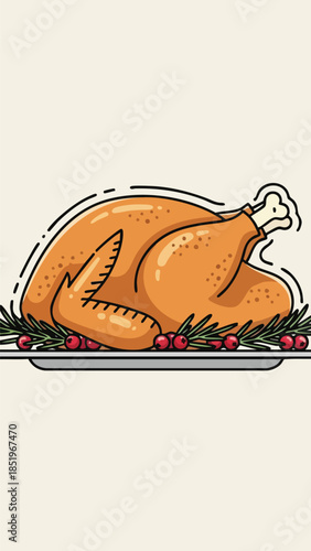 Illustration of a roasted turkey on a platter with holly and berries on a neutral background.