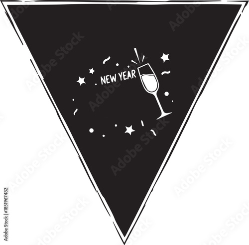 A minimalist black triangular pennant vector featuring white "NEW YEAR" text, a champagne glass, stars, and confetti. A clean, hand-drawn design for festive holiday decor.