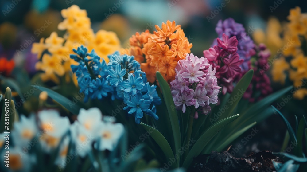 Obraz premium Vibrant spring hyacinths in a symphony of colorful blooms and verdant leaves