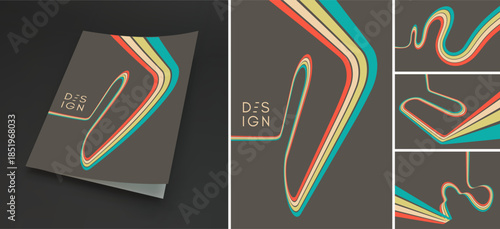 A retro 1970s-style background. Colorful lines. Abstract, dynamic curved ribbons. Softcover book layout. Cover design template. Vector illustration for brochure, planner, notebook or notepad.