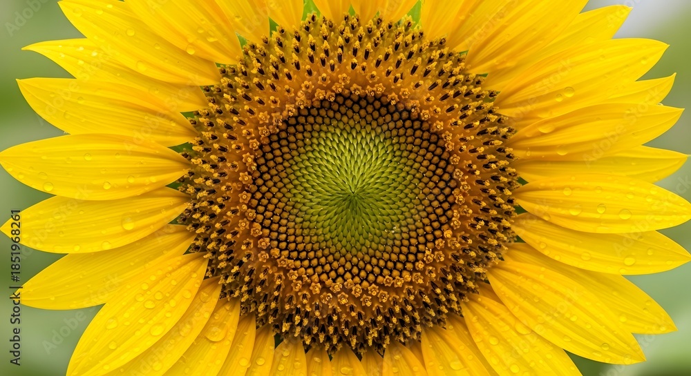 Fototapeta premium Vibrant sunflower with dew drops on petals in close-up view