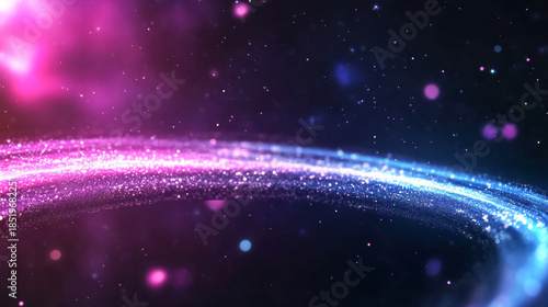 Glowing cyan and pink asteroid belt creating a celestial pathway through starry space