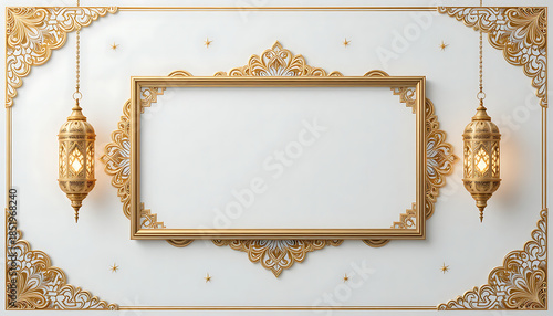 Ornate golden frame with two shining lanterns on elegant white background, perfect for religious greetings