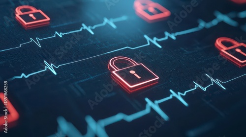 A digital representation featuring locks overlaid on an electrocardiogram, symbolizing security and technology in health monitoring.