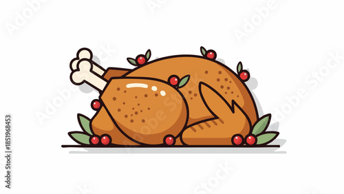 Cartoon-style illustration of a roasted turkey with a bone sticking out, surrounded by holly leaves and red berries on a plain white background.