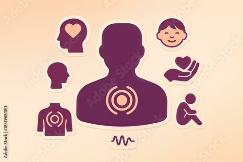 Abstract illustration of emotional well being representing interconnectedness of mental states and human emotions depicted through graphic icons expressing empathy and mindfulness