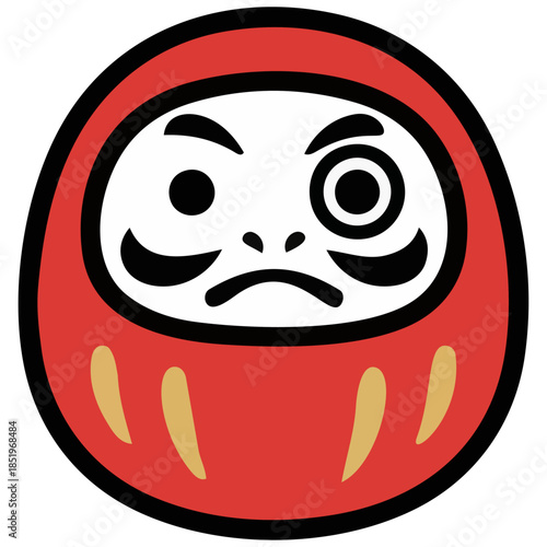 ミニマルなだるまのイラスト。丸みのある形と力強い表情が、忍耐・努力・目標達成への祈りと日本の縁起文化
