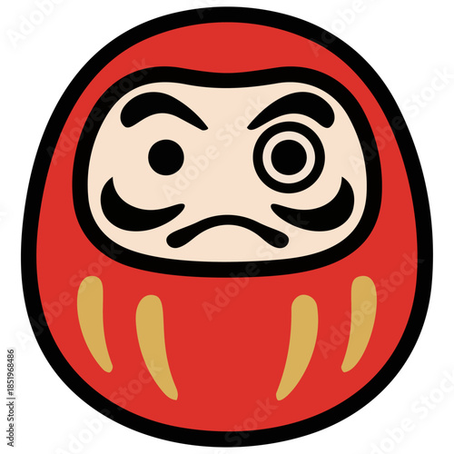 ミニマルなだるまのイラスト。丸みのある形と力強い表情が、忍耐・努力・目標達成への祈りと日本の縁起文化