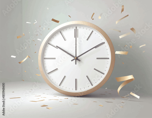 Timeless Moment: A minimalist timepiece, adorned with sleek hands, marking a significant moment amid scattered confetti, embodies the essence of time.