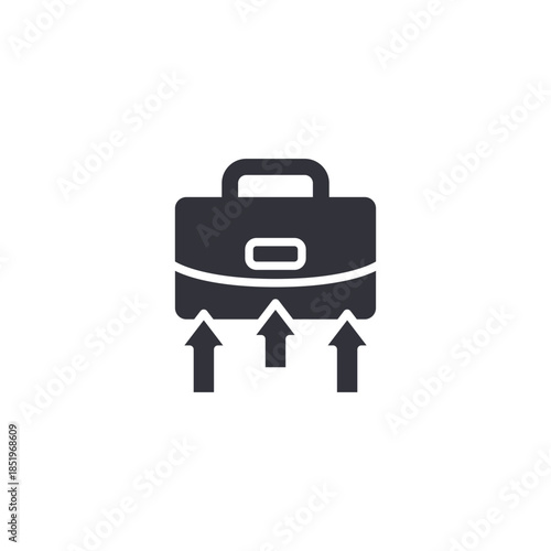 Briefcase with downward arrows icon representing career transition, job change, downsizing process, business restructuring, and workforce movement.