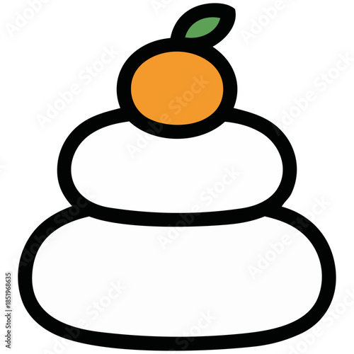 白い鏡餅をシンプルに描写。なめらかな丸みと橙の彩りが、新年の始まりや再生、希望に満ちた一年への願い