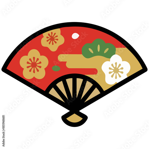 黒地に映える赤と金の扇子をシンプルに表現　梅や松の文様が祝意を添え、末広がりの形が繁栄や希望