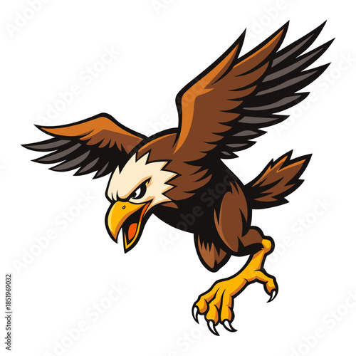 Aggressive cartoon eagle with sharp talons and wide open beak in flight, depicted with bold outlines and a dynamic pose against a dotted background