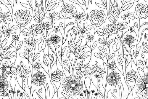Whimsical Botanical Garden Line Art Vector Illustration with Dense Organic Details