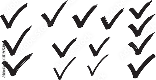 Black Check Marks on White Background, Isolated, Hand Drawn