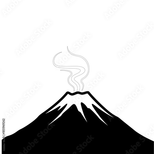 Stylized illustration of a dark silhouette volcano erupting with wisps of smoke against a clean white background