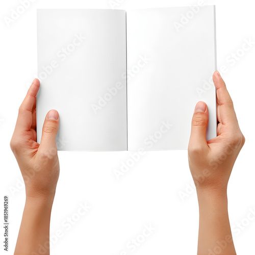 Hands holding open blank book isolated on transparent background, education reading learning and mockup concept.