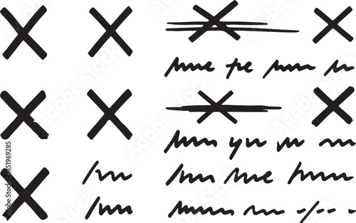 Black Handwritten Cross Marks and Lines on White Background