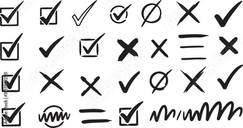 Hand Drawn Checkmarks and Crosses Symbols Set on White Background