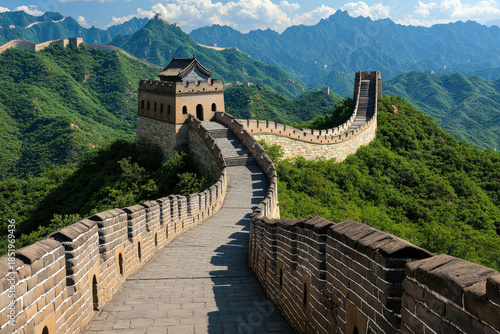 Winding stone wall stretches over green hills beneath a bright blue sky