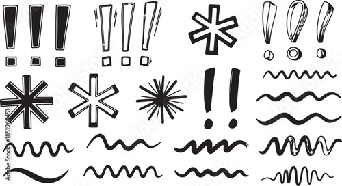 Black Exclamation Marks and Asterisks on White Background, Isolated, Vector Illustration
