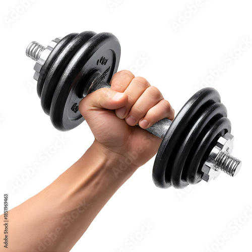 Hand holding dumbbell isolated on transparent background, strength training fitness workout concept.