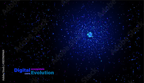 Evolutionary formation of the core of a digital ecosystem concept. Futuristic vector illustration of big data flow, technology innovation, and abstract network connection in dark blue colors.