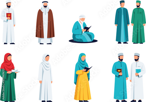 Muslim people character illustration collection featuring men and women reading Quran and wearing traditional Islamic clothing illustrated in modern flat vector style isolated on white background for 