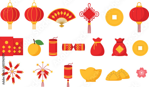 Chinese New Year festive icon collection featuring red lanterns, gold coins, firecrackers, fans, lucky knots, and traditional decorations illustrated in colorful flat vector style isolated on white ba