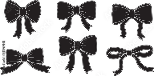 Black Bow Ribbons Isolated on White Background Set of Six Vector Illustrations