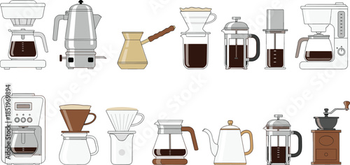 Coffee brewing equipment and maker collection featuring drip machines, French press, pour over, moka pot, kettle, grinder, and barista tools illustrated in detailed flat vector style isolated on white