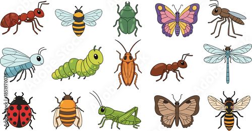 Cute insect illustration collection featuring ants, bees, butterflies, beetles, caterpillars, dragonflies, ladybugs, and grasshoppers illustrated in colorful cartoon flat vector style isolated on whit