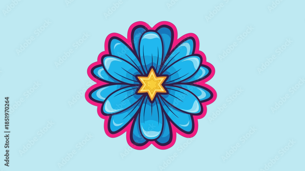Fototapeta premium Stylized Blue Flower with Pink Outline and Yellow Center.
