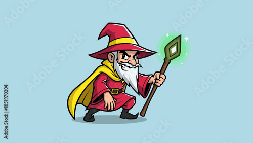 Cartoon Wizard Ready to Cast a Spell with Magic Staff.