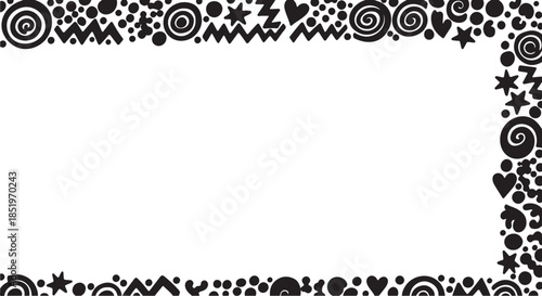 Black Floral Border Frame with Stars and Swirls on White Background