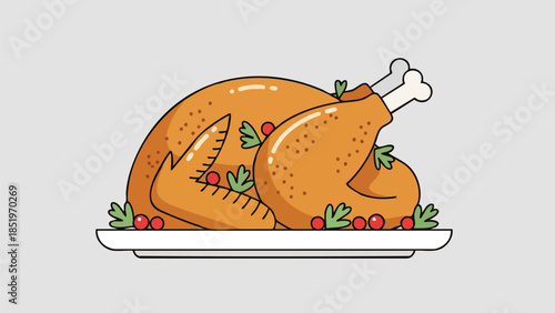 Roasted turkey on a white platter with holly and berries on a plain background, ready for a festive holiday meal.