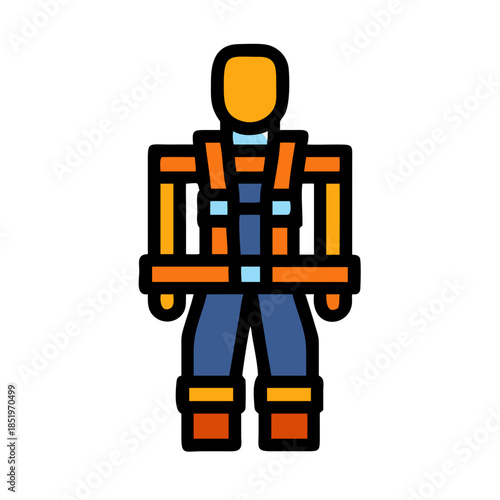 Flat style illustration of worker in safety harness on black