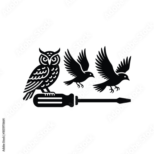 An owl two birds and a screwdriver depicted in a black and white design