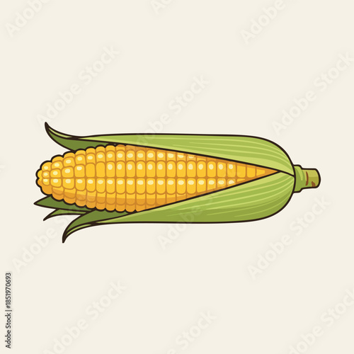 Illustration of a partially husked ear of corn with yellow kernels on a plain background.